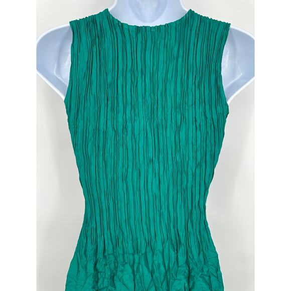 Alquema Smash Pocket Midi Dress Satin Crinkle Crew Neck Sleeveless, Green - Picture 7 of 11